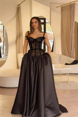 Exquisite Black Straps Sweetheart Sleeveless Evening Dresses A-Line Long With Pocket