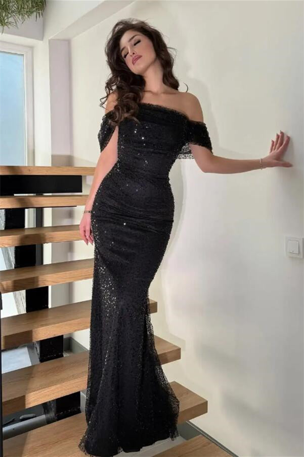 Romantic Black Off-The-Shoulder Sequins Evening Dresses Mermaid Column With Zipper
