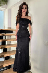 Romantic Black Off-The-Shoulder Sequins Evening Dresses Mermaid Column With Zipper