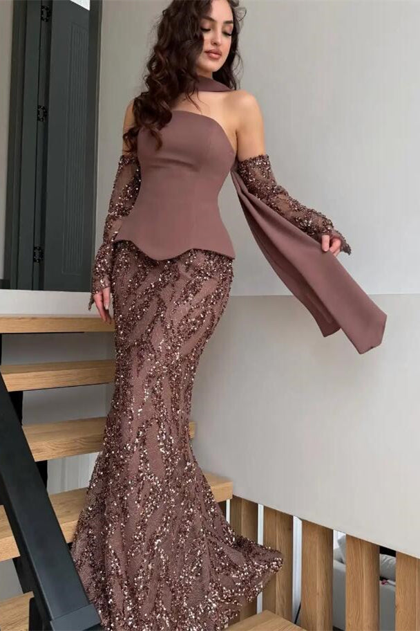 Glamorous Chocolate Strapless Sequins Mermaid Evening Dresses Sheath With Zipper Gloves