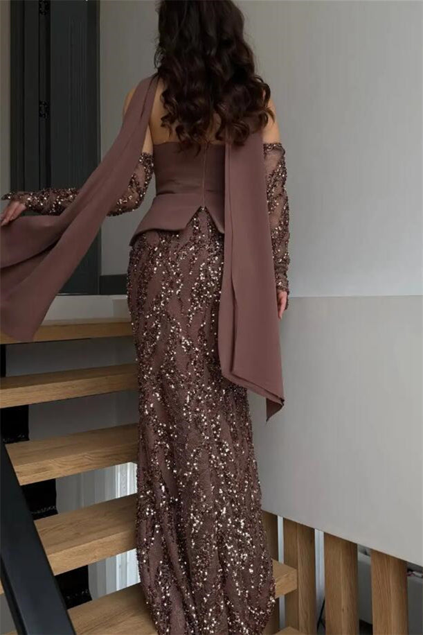 Glamorous Chocolate Strapless Sequins Mermaid Evening Dresses Sheath With Zipper Gloves