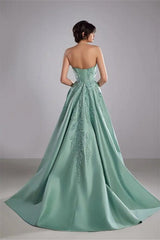 Romantic Tiffany Strapless Sleeveless A-Line Evening Dresses High Split Appliques With Zipper