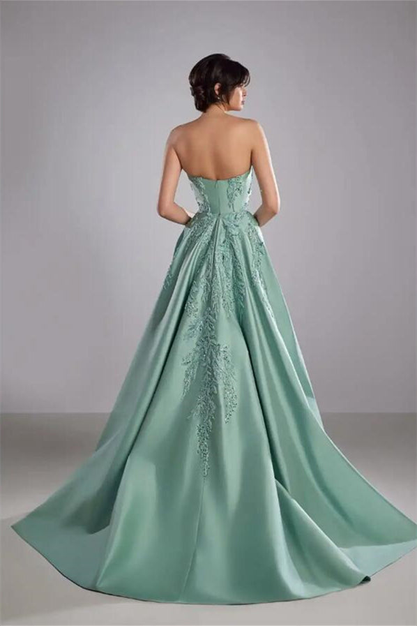 Romantic Tiffany Strapless Sleeveless A-Line Evening Dresses High Split Appliques With Zipper