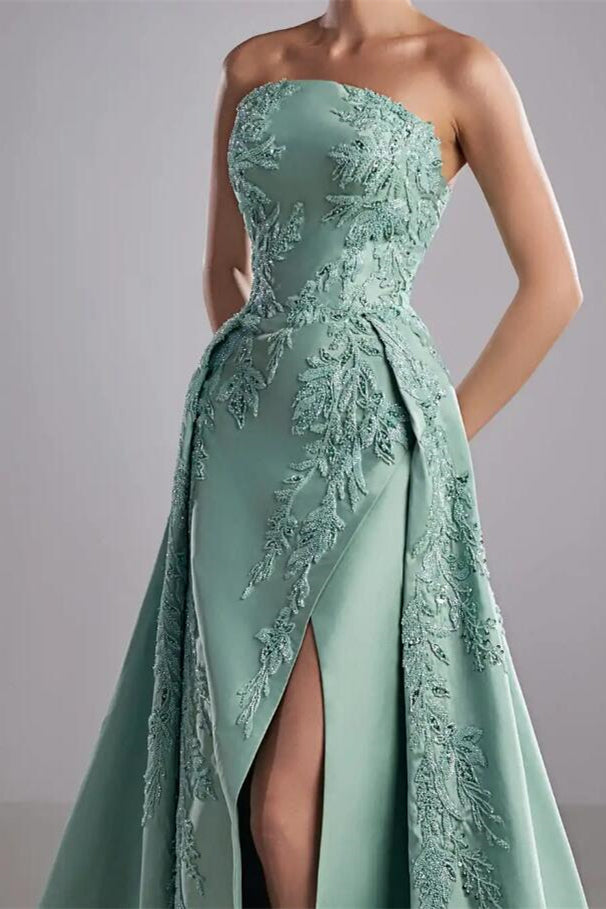 Romantic Tiffany Strapless Sleeveless A-Line Evening Dresses High Split Appliques With Zipper
