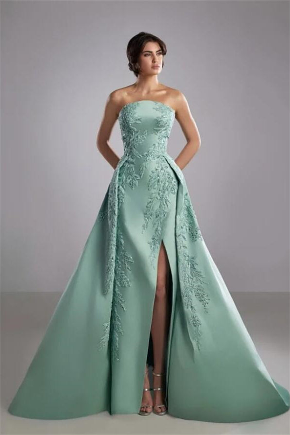 Romantic Tiffany Strapless Sleeveless A-Line Evening Dresses High Split Appliques With Zipper