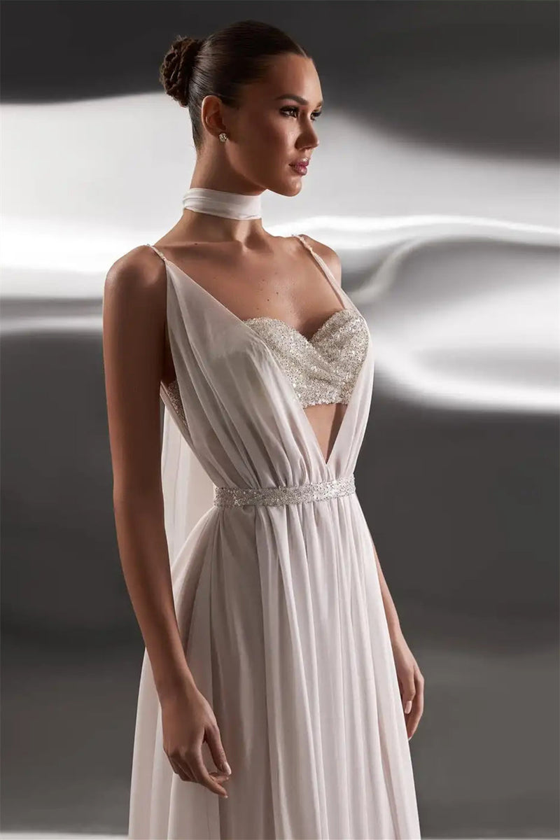 Dreamy White Spaghetti-Straps V-Neck Chiffon Evening Dresses Backless With Pleats