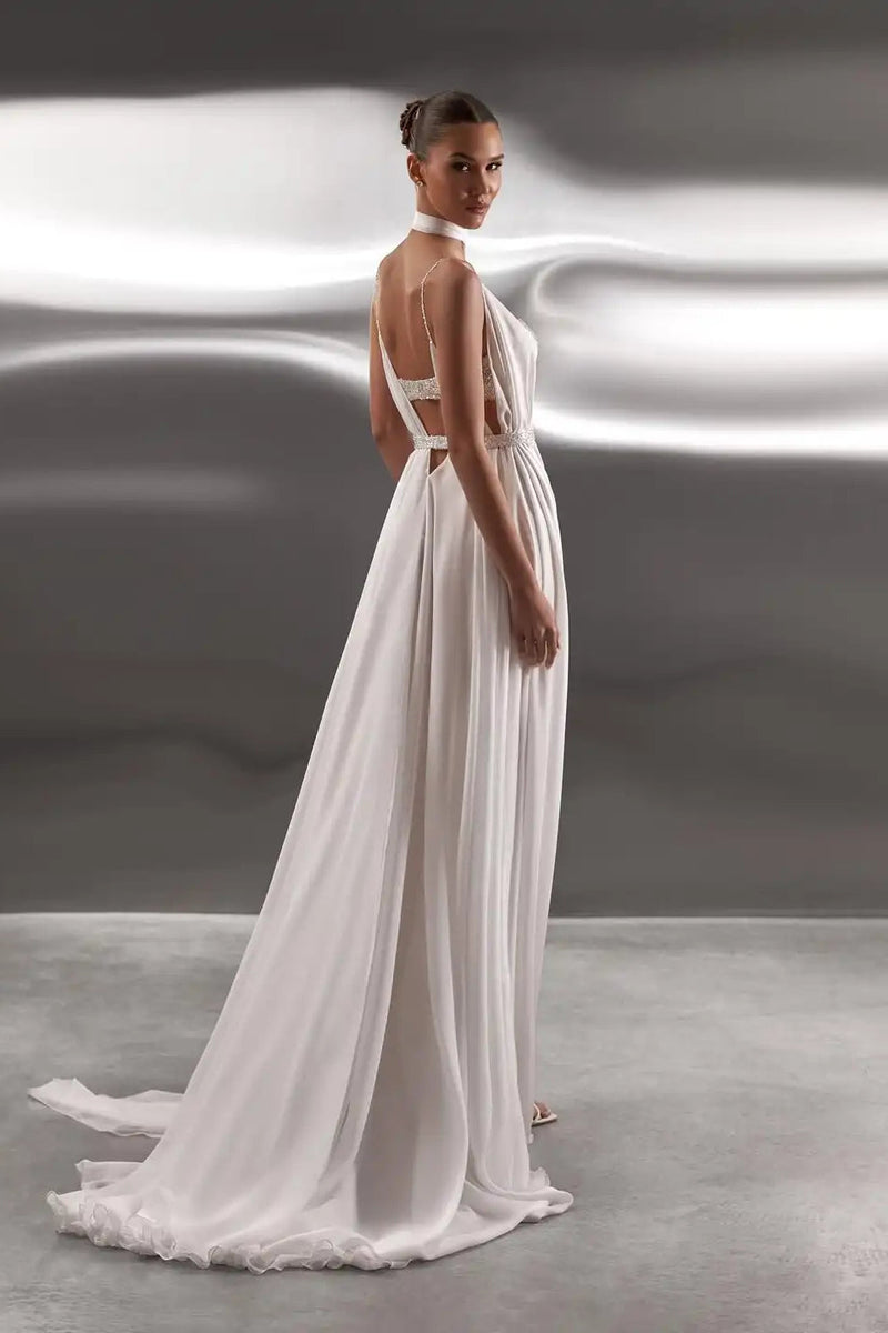 Dreamy White Spaghetti-Straps V-Neck Chiffon Evening Dresses Backless With Pleats