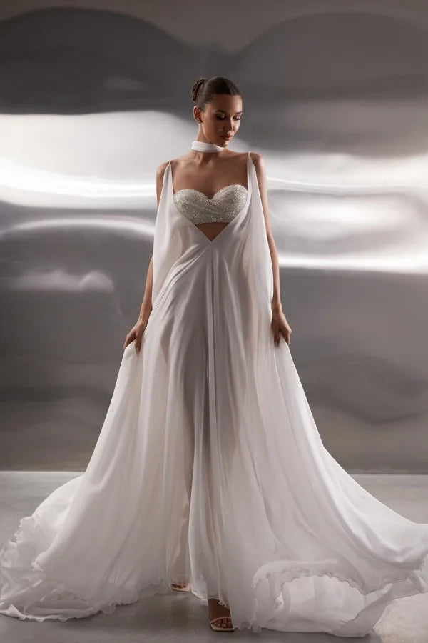 Dreamy White Spaghetti-Straps V-Neck Chiffon Evening Dresses Backless With Pleats