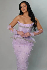 Beautiful Lilac Strapless Mermaid Evening Dresses Column Gem With Flower Gloves