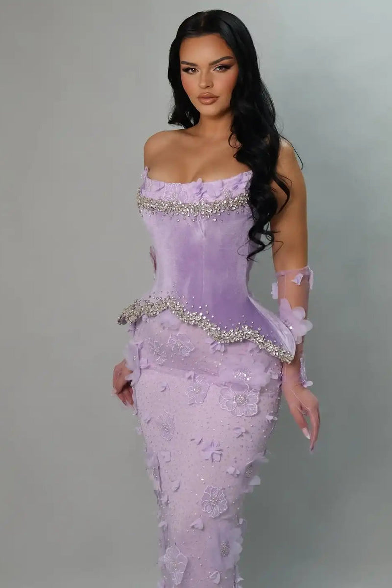 Beautiful Lilac Strapless Mermaid Evening Dresses Column Gem With Flower Gloves