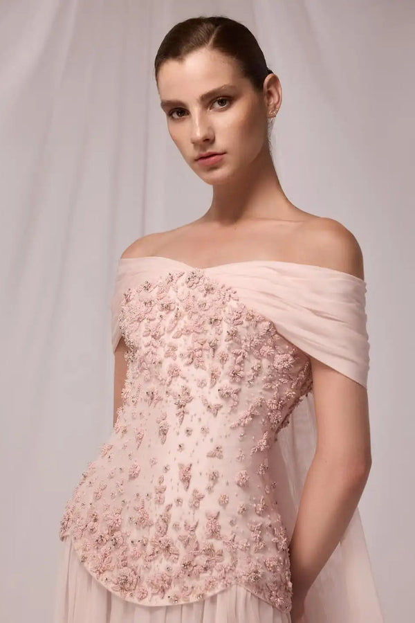 Exquisite Off-The-Shoulder Chiffon A-Line Evening Dresses Long With Beads Pleats