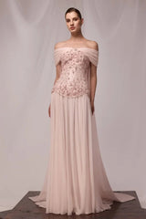 Exquisite Off-The-Shoulder Chiffon A-Line Evening Dresses Long With Beads Pleats