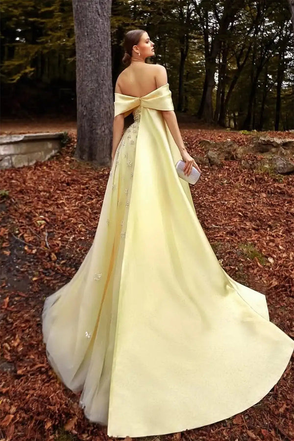 Luxury Daffodil Off-The-Shoulder A-Line Evening Dresses Beads With Ruffle Zipper