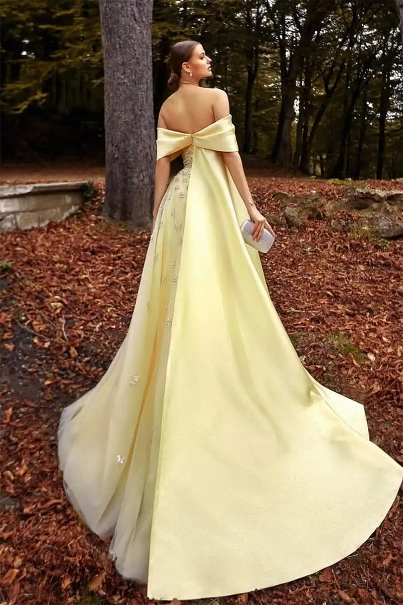 Luxury Daffodil Off-The-Shoulder A-Line Evening Dresses Beads With Ruffle Zipper