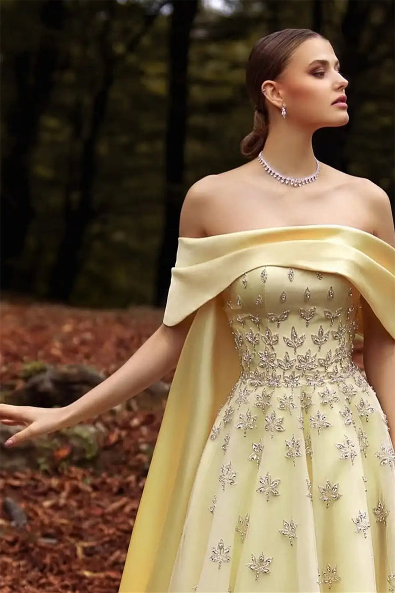 Luxury Daffodil Off-The-Shoulder A-Line Evening Dresses Beads With Ruffle Zipper