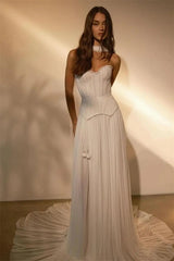 Pretty Sweetheart Strapless Sleeveless A-Line Evening Dresses Long Pleats With Lace-Up Back