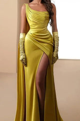 Modern Yellow One Shoulder Satin Mermaid Evening Dresses High Split With Gloves Pleats