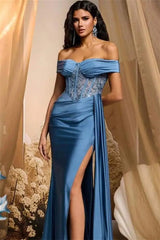 Gorgeous Dusty Blue Off-The-Shoulder Satin Mermaid Evening Dresses Beads Side Split With Ruffle