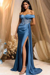 Gorgeous Dusty Blue Off-The-Shoulder Satin Mermaid Evening Dresses Beads Side Split With Ruffle