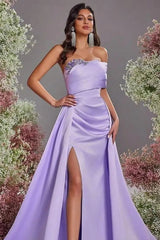 Beautiful Purple Strapless Sleeveless Satin Evening Dresses A-Line High Split With Gem