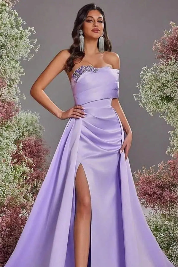 Beautiful Purple Strapless Sleeveless Satin Evening Dresses A-Line High Split With Gem