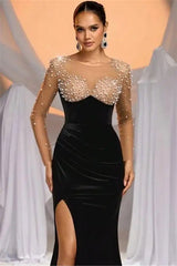 Romantic Black Jewel Long Sleeves Velvet Evening Dresses Mermaid High Split With Pearls