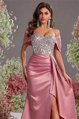 Modern Dusty Rose Sweetheart Off-The-Shoulder Satin Evening Dresses Mermaid High Split With Ruffle Beads