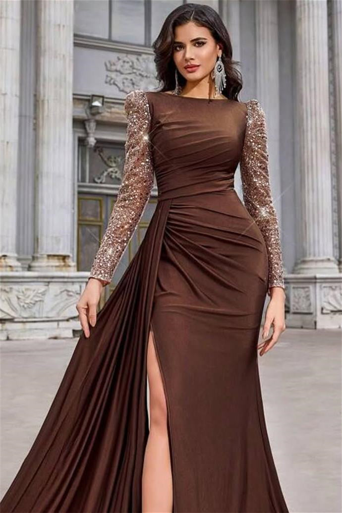 Luxury Chocolate Bateau Long Sleeves Satin Sequins Evening Dresses Mermaid Side Split With Ruffle
