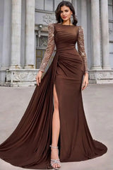 Luxury Chocolate Bateau Long Sleeves Satin Sequins Evening Dresses Mermaid Side Split With Ruffle