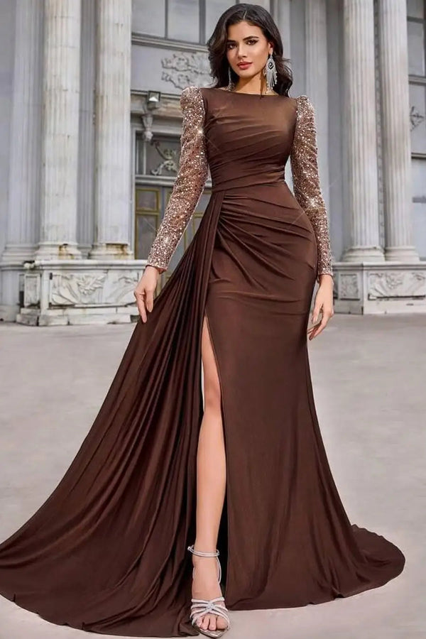 Luxury Chocolate Bateau Long Sleeves Satin Sequins Evening Dresses Mermaid Side Split With Ruffle