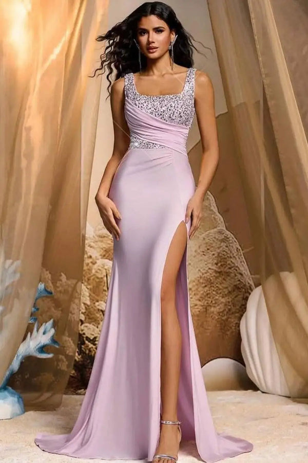 Timeless Pink Straps Sleeveless Satin Sequins Mermaid Evening Dresses Column High Split With Beads
