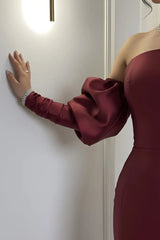 Gorgeous Burgundy Strapless Satin Mermaid Evening Dresses Column Detachable Sleeves With Zipper