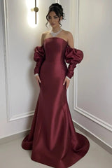 Gorgeous Burgundy Strapless Satin Mermaid Evening Dresses Column Detachable Sleeves With Zipper