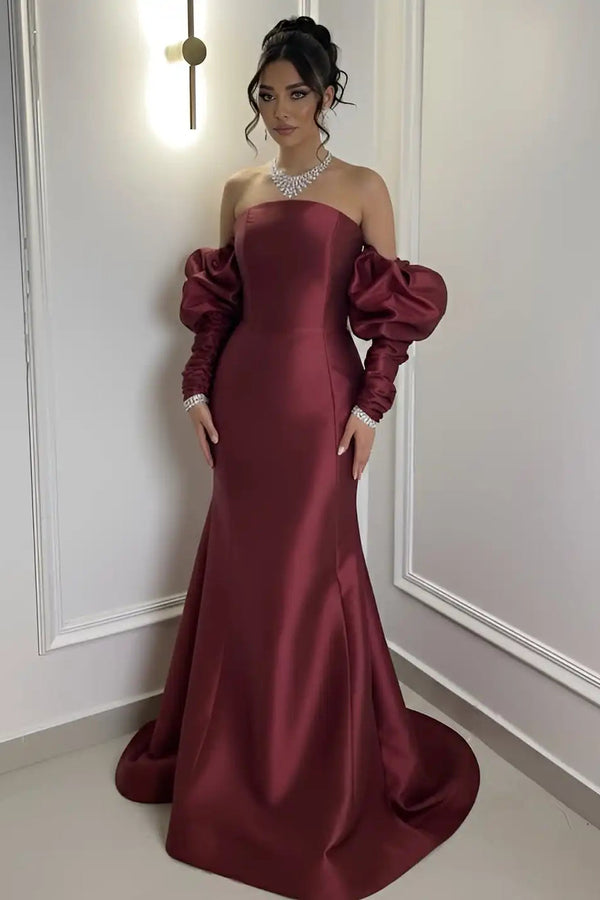 Gorgeous Burgundy Strapless Satin Mermaid Evening Dresses Column Detachable Sleeves With Zipper