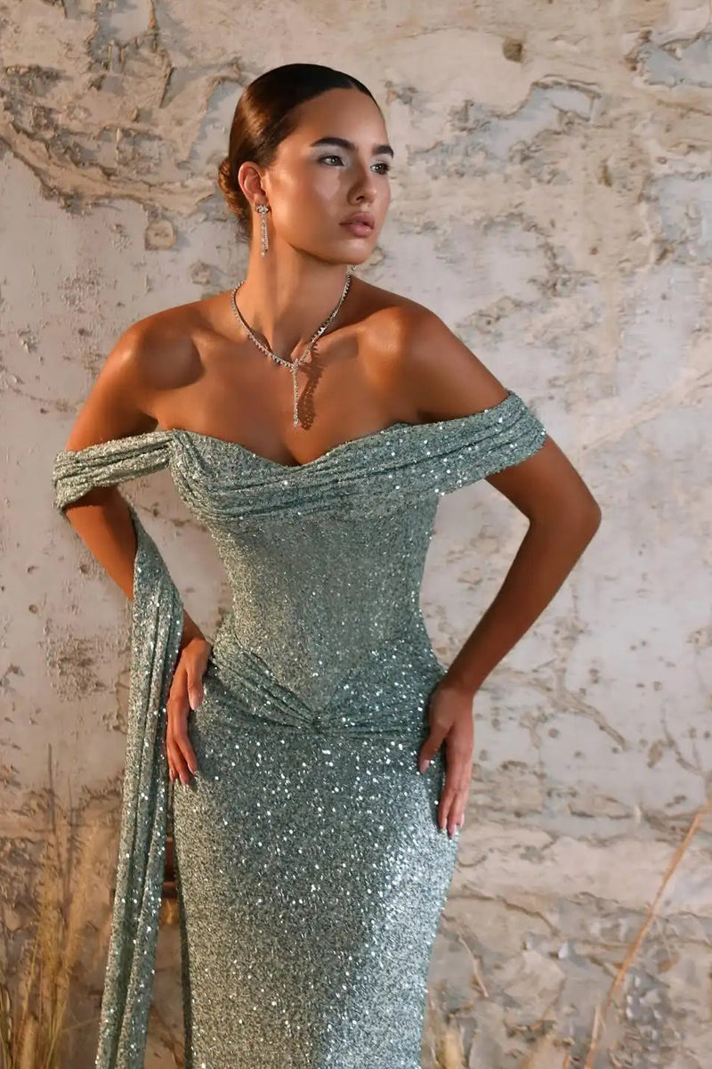 Exquisite Green Sweetheart One Shoulder Sequins Evening Dresses Mermaid Sheath With Ruffle