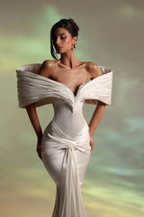 Luxury Off-The-Shoulder V-Neck Satin Mermaid Evening Dresses Column Beads With Pleats