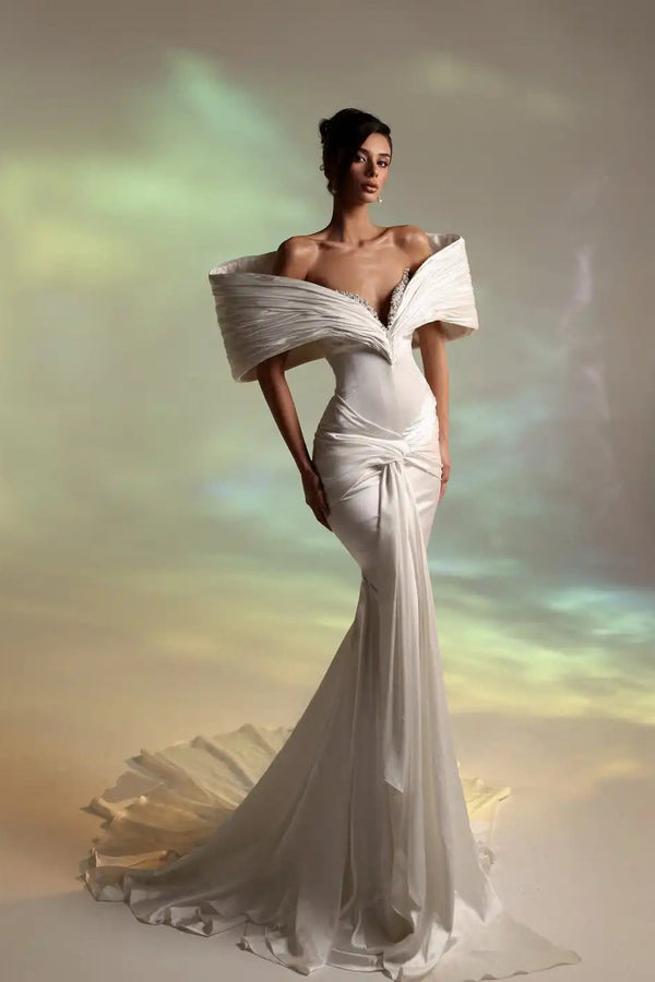 Luxury Off-The-Shoulder V-Neck Satin Mermaid Evening Dresses Column Beads With Pleats