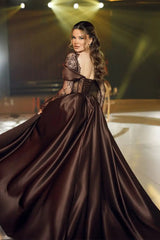 Gorgeous Chocolate Sweetheart Hi-Lo Satin Lace Evening Dresses Long Sleeves With Lace-Up Back