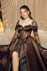 Gorgeous Chocolate Sweetheart Hi-Lo Satin Lace Evening Dresses Long Sleeves With Lace-Up Back