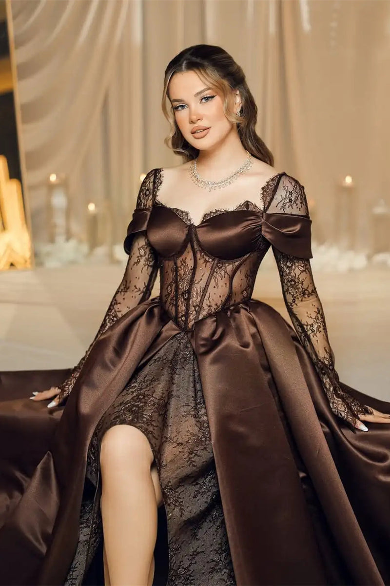 Gorgeous Chocolate Sweetheart Hi-Lo Satin Lace Evening Dresses Long Sleeves With Lace-Up Back
