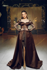 Gorgeous Chocolate Sweetheart Hi-Lo Satin Lace Evening Dresses Long Sleeves With Lace-Up Back