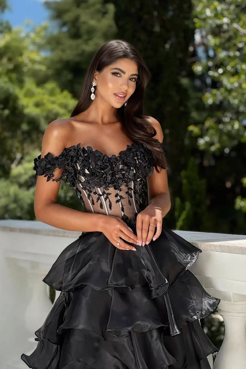 Sparkling Black Off-The-Shoulder A-Line Organza Evening Dresses High Split Beads With Lace-Up Back