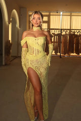 Exquisite Yellow One Shoulder Lace Mermaid Evening Dresses Column High Split With Gloves