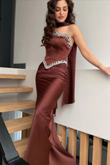 Luxury Brown Strapless Sleeveless Satin Mermaid Evening Dresses Sheath Gem With Pleats