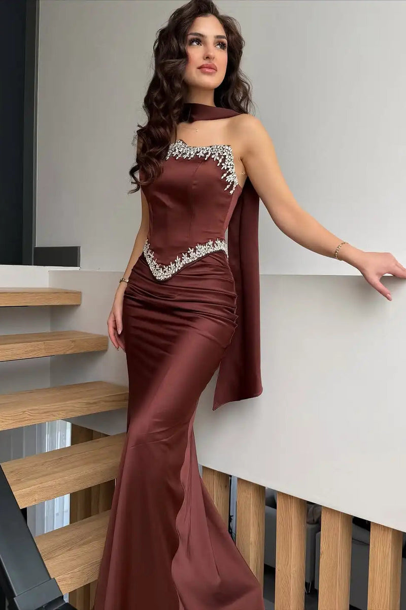 Luxury Brown Strapless Sleeveless Satin Mermaid Evening Dresses Sheath Gem With Pleats