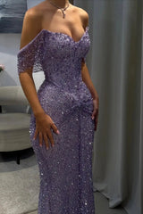 Beautiful Lilac V-Neck Off-The-Shoulder Sequins Evening Dresses Mermaid Column With Beads