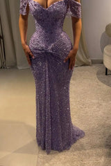 Beautiful Lilac V-Neck Off-The-Shoulder Sequins Evening Dresses Mermaid Column With Beads