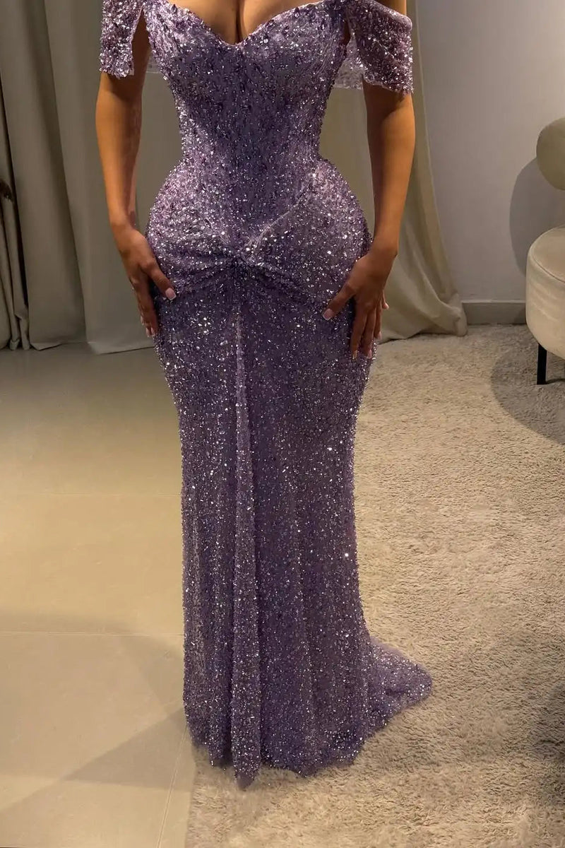 Beautiful Lilac V-Neck Off-The-Shoulder Sequins Evening Dresses Mermaid Column With Beads