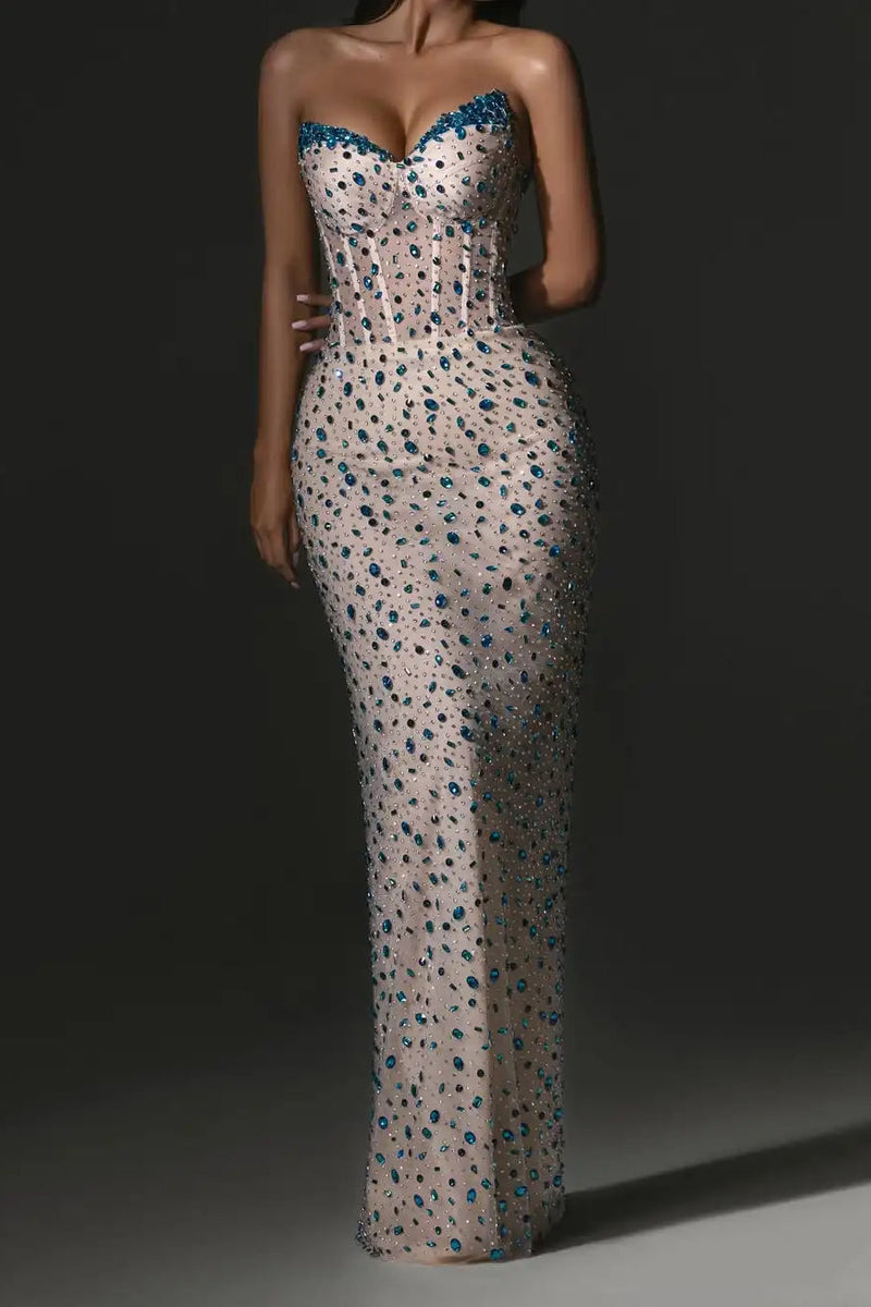 Sparkling Sweetheart Strapless Sleeveless Mermaid Evening Dresses V-Neck Gem With Lace-Up Back