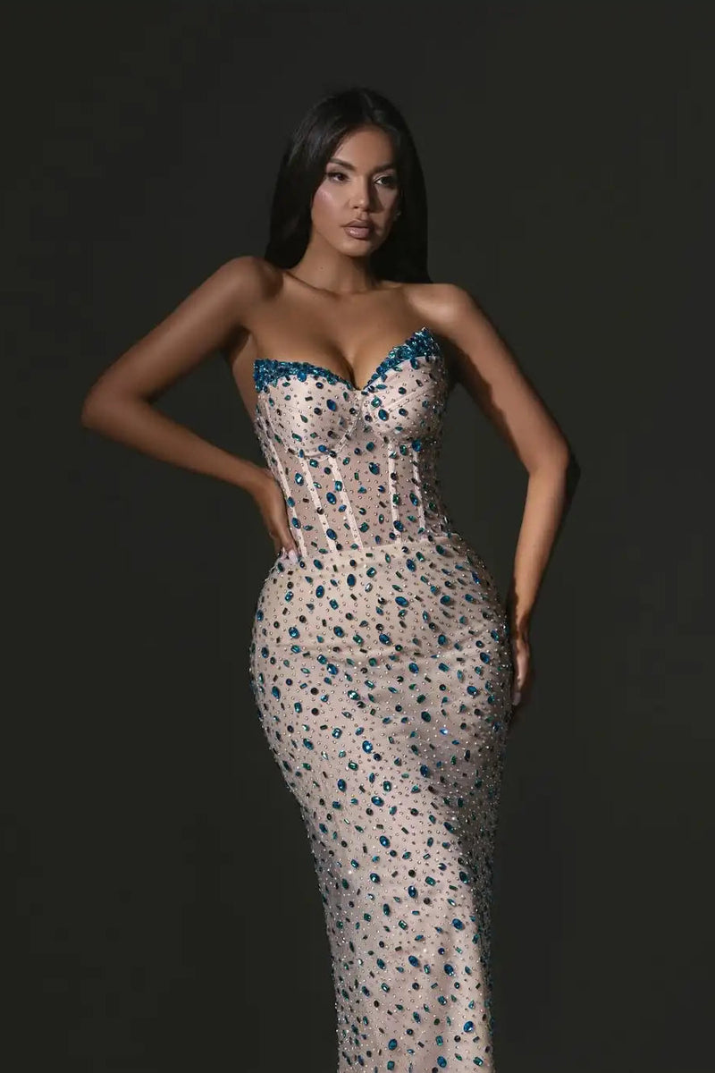 Sparkling Sweetheart Strapless Sleeveless Mermaid Evening Dresses V-Neck Gem With Lace-Up Back